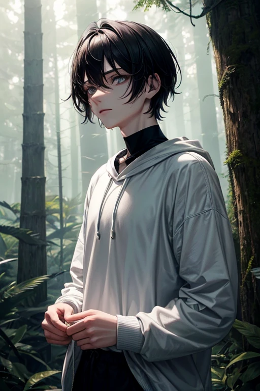 In a daylit forest, a male character appears among the trees. His eyes are dark and deep, surrounded by black eyelids that highlight their intense gaze. Her skin is pale as porcelain, contrasting sharply with her short, dark hair. He wears a white sweatshirt, that looks out of place in the natural environment around it. The most striking detail is the cut that goes from the mouth to the cheek., sewn with surgical stitches, giving it a frightening and enigmatic appearance. Daylight penetrates the treetops, creating a play of shadows that further highlights their mysterious presence in the forest.

