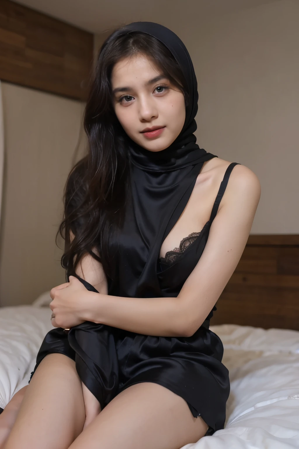 photography of a 20yo muslim woman, perfect face,eye wink,silky short black nighty,seductive,milky thigh and legs