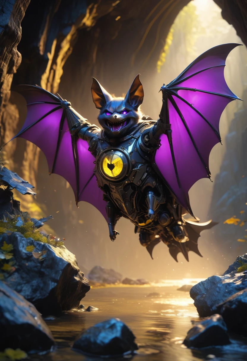 a portrait of a flying ((mechanical bat: 1.2)) in a dark cave, an epic mechanical bat ((full body: 1.5)), ((anatomically correct: 1.5)), (ultra detailed face: 1.2), yellow eyes, mechanical eyes, glowing eye, blacj and purple wings, mechanical wings, in the dark rock cave, there is a stream of water, dark cave background, vibrant, Ultra-high resolution, High Contrast, (masterpiece:1.5), highest quality, Best aesthetics), best details, best quality, highres, 16k, (ultra detailed: 1.5), masterpiece, best quality, (extremely detailed) RAW, (ultra details, Masterpiece, best quality), MechanicusStyleAI