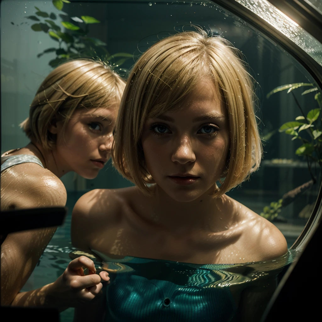 a photograph through a fish tank glass of a young woman with a layered blonde bob haircut with a fishing swimming in front of her face, caustic lighting effect, iridescent lighting, by Saul Leiter