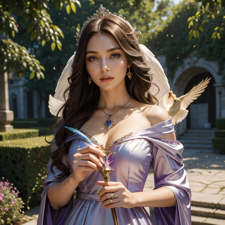 (masterpiece, best quality:1.5), highest quality, High resolution, super detailed, Realists, Upper body photo of a brunette sorceress, detailed and beautiful eyes, beautiful detailed lips, very detailed eyes and face, longeyelashes, shiny satin dress, Holding a magic wand in your hand and performing eine Transformation spell, Magic wands present and shiny, Beautiful and colorful makeup, elegant and noble々The jewelry bag, Gardens as background, soft daylight, bright colors, fine brushstrokes, Portrait style, Silk dress fabric, beautiful color palette, glowing skin, First-class rendering, that captures every detail, enchanting atmosphere, subtle shadows and lights, (perfect anatomy:1.2), (The stunning sorceress transforms birds into her dress (eine Transformation):1.4), (magnificent panorama view:1.2)