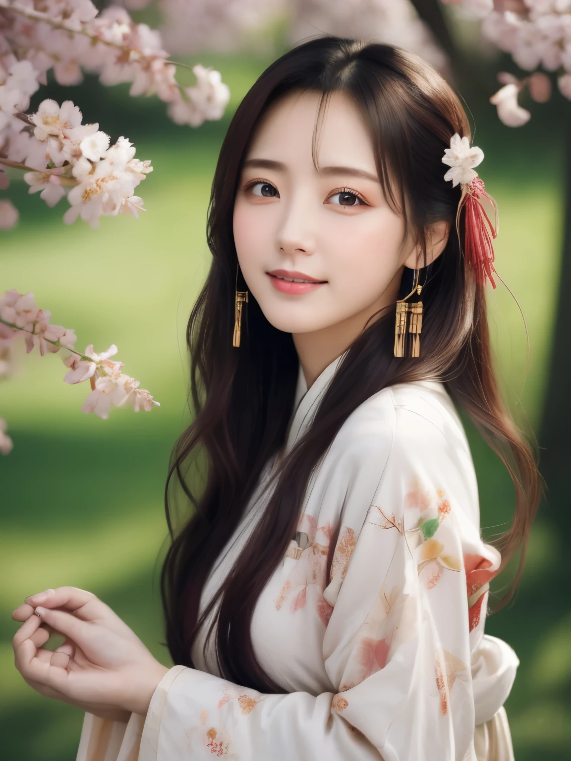 ((photorealistic:1.3)),((ultra detailed)),((sharp:1.5)),1girl, solo, cherry blossom, hanami, white flower, white flower, spring season, wisteria, petals, flower, plum blossoms, outdoors, falling petals, black eyes, from left side, white kimono, purple hairsumi,(hanfu), starlight hair,hair down,full body,((traditional chinese fan in the hand)),((left shoulder)),