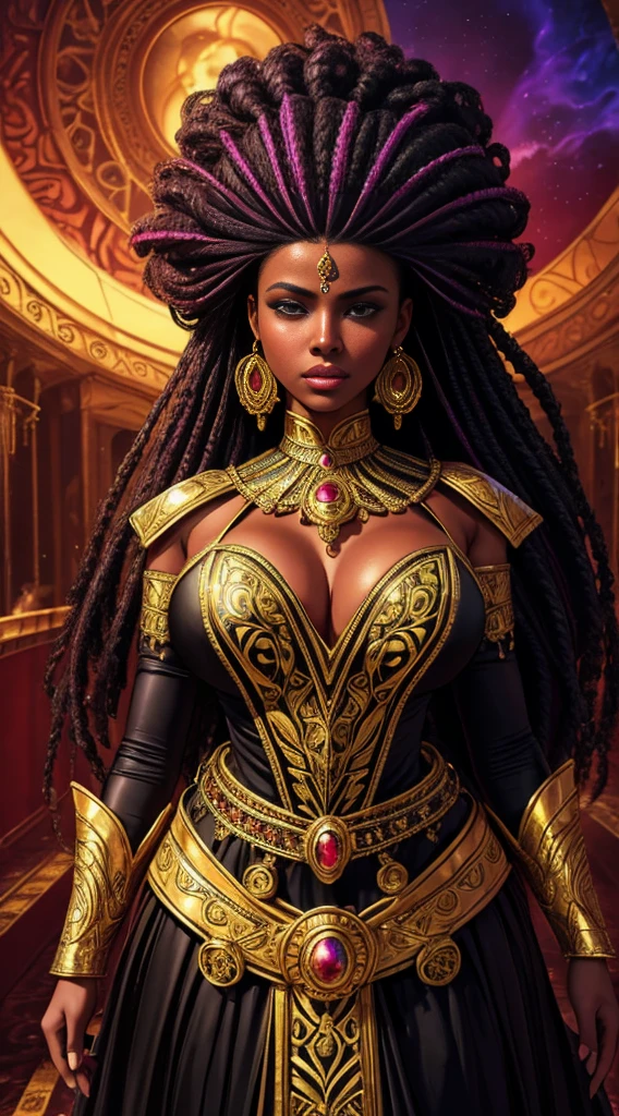 A beautiful black African princess, highly detailed, hyperrealistic, afrofuturistic, afro-futuristic, full body shot, royal dress, intricate jewelry, otherworldly atmosphere, dramatic lighting, vibrant colors, cinematic composition, chiaroscuro, volumetric lighting, photorealistic, (best quality,4k,8k,highres,masterpiece:1.2),ultra-detailed,(realistic,photorealistic,photo-realistic:1.37),dramatic pose,regal expression,complex background,futuristic setting