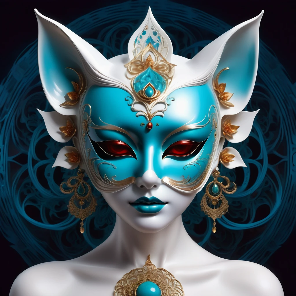 Imagine a tranquil scene inspired by Buddhist philosophy,A vibrant lotus flower against a background of intense turquoise tones。The lotus symbolizes purity and enlightenment,Complex petals bloom,Exudes a feeling of tranquility。As you look deeper into the image,You'll notice a mandala-like arrangement,The constellations are elegantly arranged。A fusion of Buddhist symbolism with astrological elements,Consistency,Induce contemplation and a timeless sense of connection。(The sculpture is surrealist and realistic: 1.5), (the Kane,Blue and white porcelain mask), (Metallic wings: 1.2), (Futuristic fox mask: 1.2), (Arte fractal pop kawaii da Internet: 1.6), (Tobias Gramler (Tobias Gramler) artwork style,smooth shapes: 1.6), (Organic geometric mixing: 1.6),ultra-high resolution: 1.4),(particle effect: 1.4), (Depth of field: 1.4), (geometric-point abstraction: 1.6), (generative fluid fractal algorithm: 1.6).