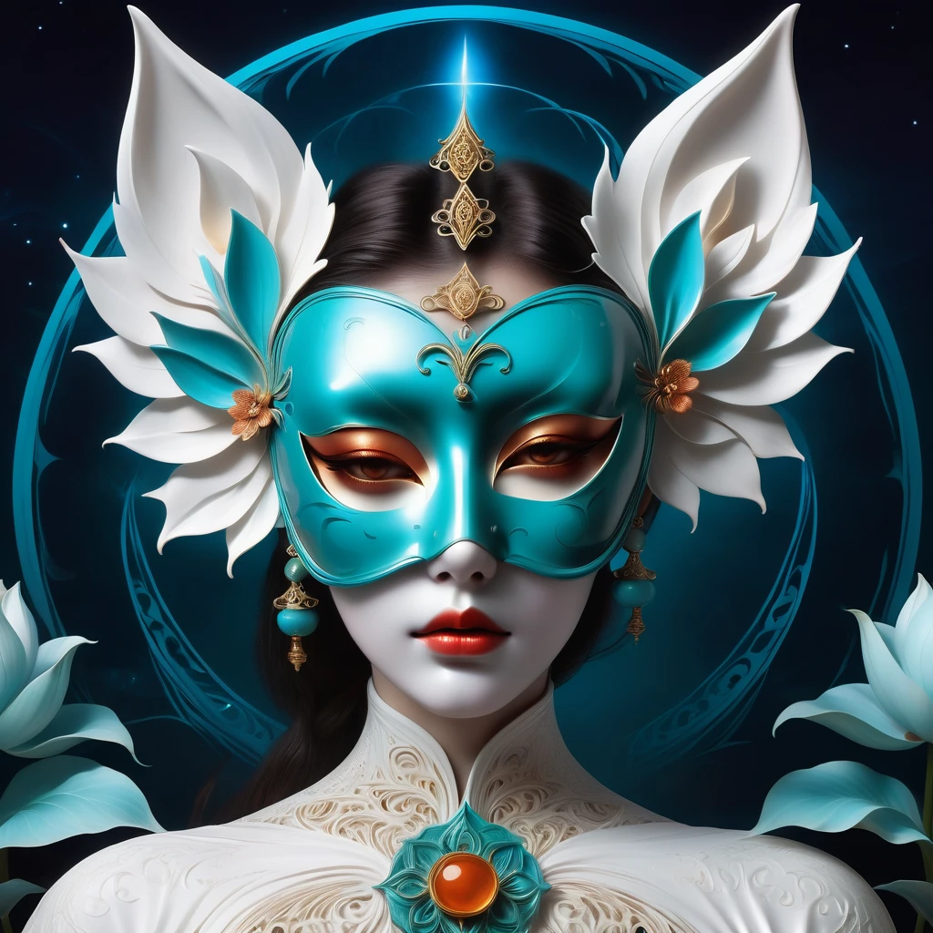 Imagine a tranquil scene inspired by Buddhist philosophy,A vibrant lotus flower against a background of intense turquoise tones。The lotus symbolizes purity and enlightenment,Complex petals bloom,Exudes a feeling of tranquility。As you look deeper into the image,You'll notice a mandala-like arrangement,The constellations are elegantly arranged。A fusion of Buddhist symbolism with astrological elements,Consistency,Induce contemplation and a timeless sense of connection。(The sculpture is surrealist and realistic: 1.5), (the Kane,Blue and white porcelain mask), (Metallic wings: 1.2), (Futuristic fox mask: 1.2), (Arte fractal pop kawaii da Internet: 1.6), (Tobias Gramler (Tobias Gramler) artwork style,smooth shapes: 1.6), (Organic geometric mixing: 1.6),ultra-high resolution: 1.4),(particle effect: 1.4), (Depth of field: 1.4), (geometric-point abstraction: 1.6), (generative fluid fractal algorithm: 1.6).