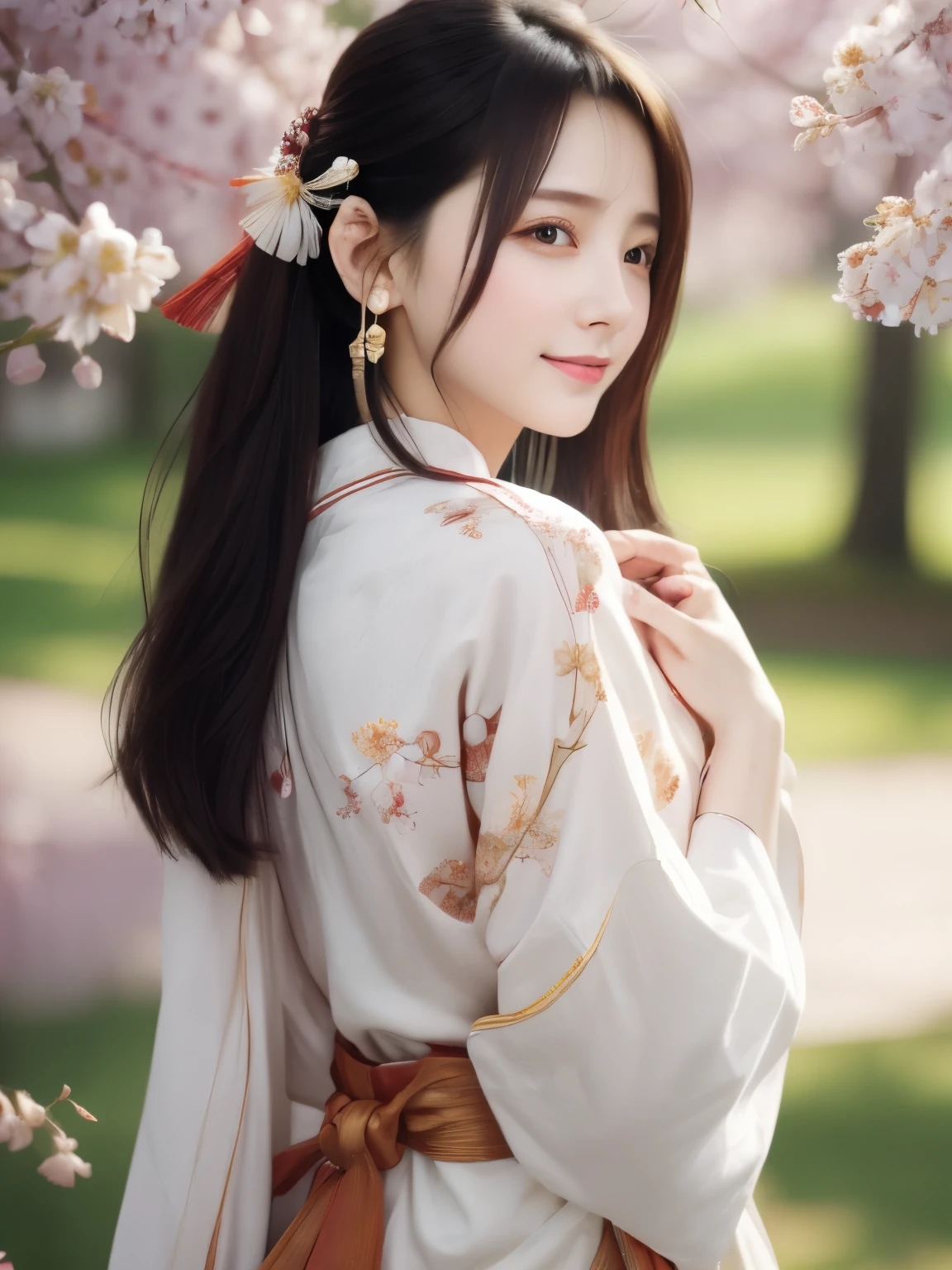 ((photorealistic:1.3)),((ultra detailed)),((sharp:1.5)),1girl, solo, cherry blossom, hanami, white flower, white flower, spring season, wisteria, petals, flower, plum blossoms, outdoors, falling petals, black eyes, from left side, white kimono, purple hairsumi,(hanfu), starlight hair,hair down,full body,((traditional chinese fan in the hand)),((left shoulder)),