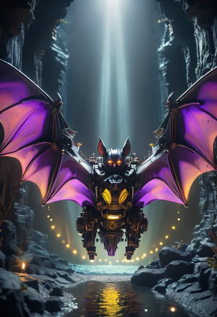 a portrait of a flying ((mechanical bat: 1.2)) in a dark cave, an epic mechanical bat ((full body: 1.5)), ((anatomically correct: 1.5)), (ultra detailed face: 1.2), yellow eyes, mechanical eyes, glowing eye, blacj and purple wings, mechanical wings, in the dark rock cave, there is a stream of water, dark cave background, vibrant, Ultra-high resolution, High Contrast, (masterpiece:1.5), highest quality, Best aesthetics), best details, best quality, highres, 16k, (ultra detailed: 1.5), masterpiece, best quality, (extremely detailed) RAW, (ultra details, Masterpiece, best quality), MechanicusStyleAI