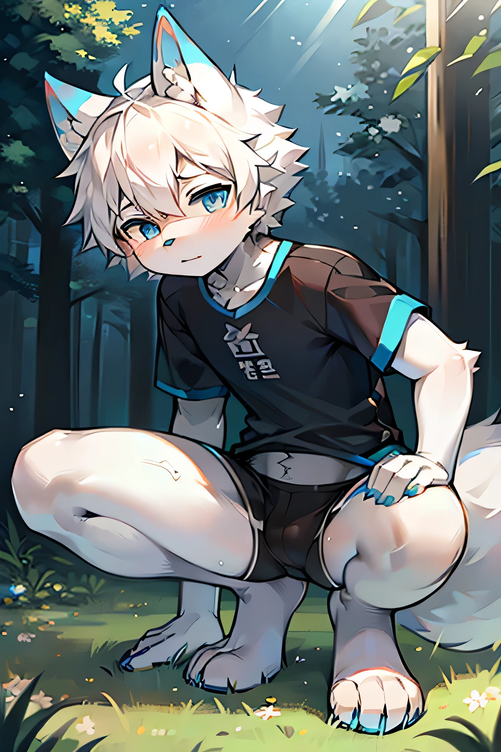 , White and blue fur, Shota, blue eyes, Messy hair, White hair, short hair, masterpiece, Very detailed, Sportswear solo，Squatting，Looking at the camera，On the grass，Wolf&#39;s facial features，Blue hair，Wolf paw，Wolf Tail，Happy expression