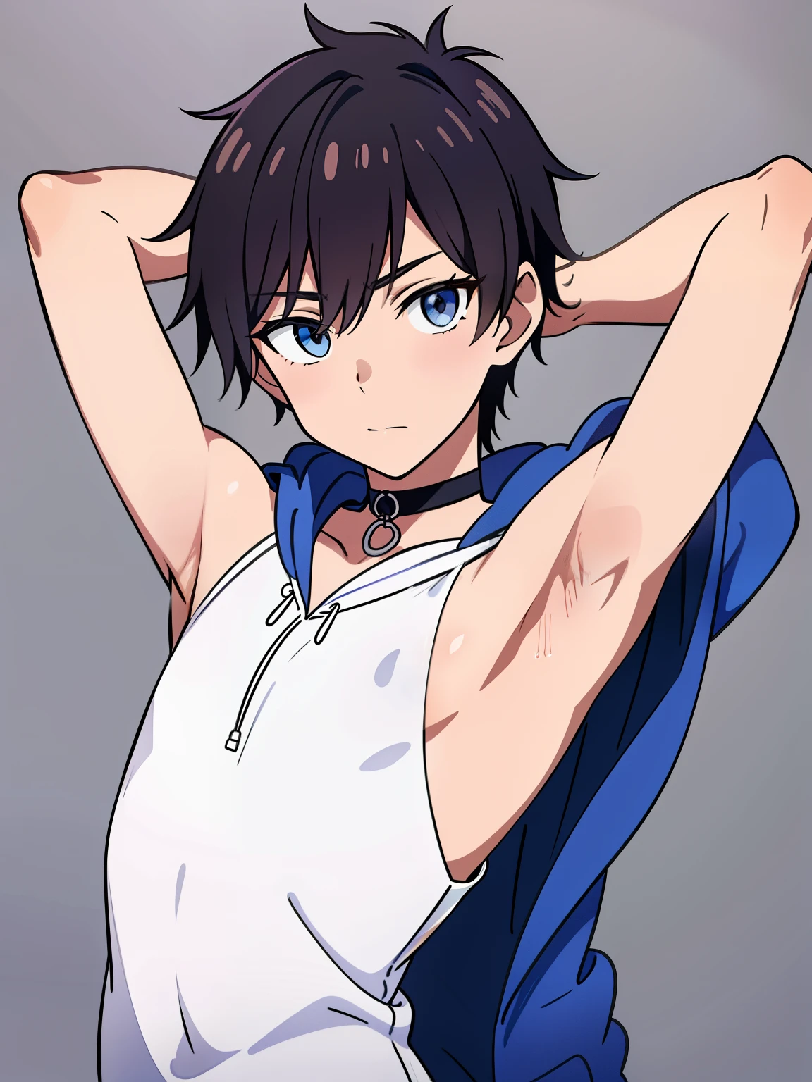 Highres, Masterpiece, Best quality at best,Best Quality,hight quality, hight detailed, Anime style, age 12, 1boy, Boy, Shota, Solo person, young boy, upper body, slim body, Sleeveless hoodie, choker, bare shoulder, grey background, (Showing armpit:1.3), Give me a picture of the armpit of a young boy, the armpit looks clean and smells good, the armpit is very beautiful, the boy is teasing using his armpit, shine closer to the armpit, Cute armpit, Sexy armpit, seductive armpits, Such a cute smooth armpit, The armpits of a 12 year old boy, Adorable little armpits, Give me a proportional picture of a 12 year old boy's armpits, (very young boy), (Very small and short body), uhd, bokeh