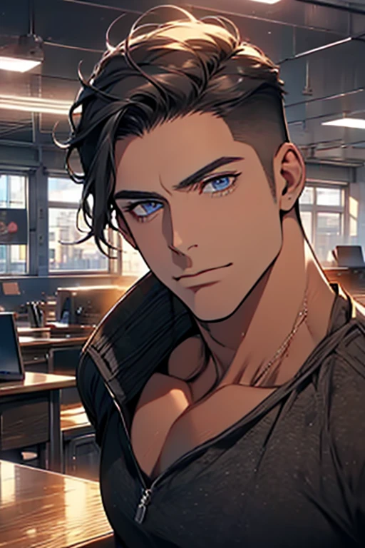(Best Quality,4k,8k,high resolution,Masterpiece:1.2),ultra detailed,(realist,photorealist,photo-realist:1.37),1 man,31 years,mature man,very handsome,without expresion,muscled body,short gray black hair,Blue eyes,glare,perfect face without mistakes,imposing posture,businessman,office background,cinematic lighting,imagen HDR