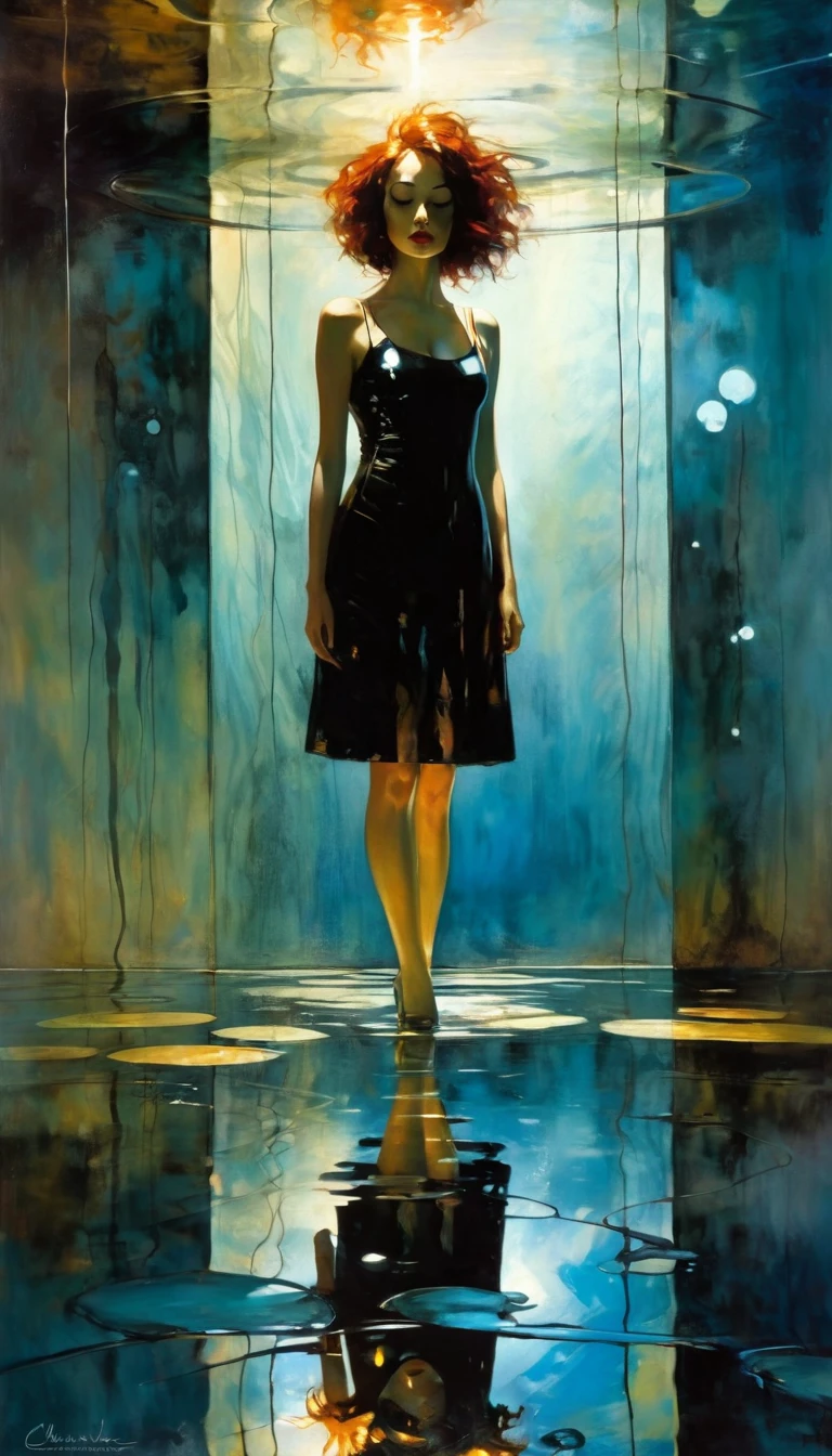 futuristic world: 1.5, surrealism, impressionism, alone, reflections in a puddle of water, oil painting, chiaroscuro, sensual and dramatic lighting, changing atmosphere, art inspired by Bill Sienkiewicz