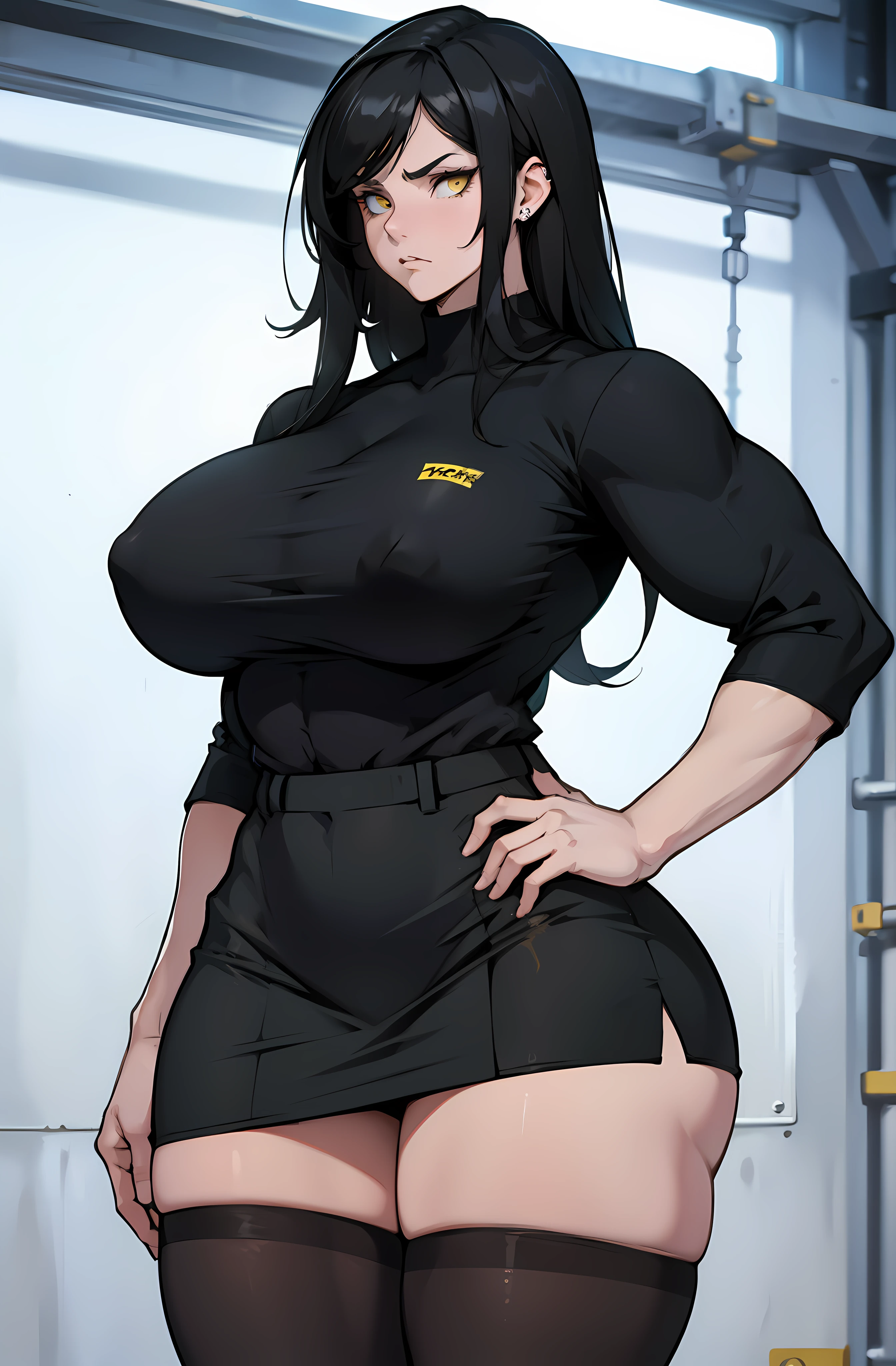 ((muscular girl huge breasts)) black hair yellow eyes pale skin frown UHD 16k best quality wide hips tight shirt skirt pantyhose