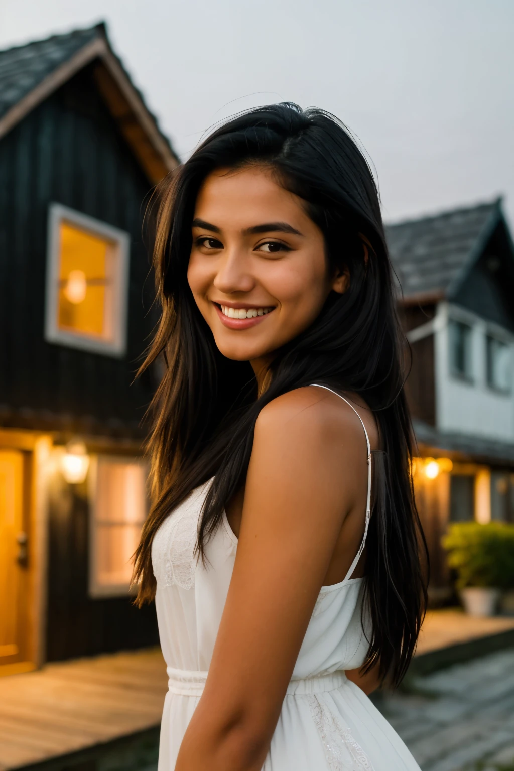 ((best qualityer)), ((photography realistic)), (detailded), A young ugly woman smiling looking in front of the camera with a sexy look. Young man with tanned skin, long black hair. Selfie. high resolution amateur photography. In the photo, very simple wooden houses painted at night appear in the background.. Dressed in a short dress