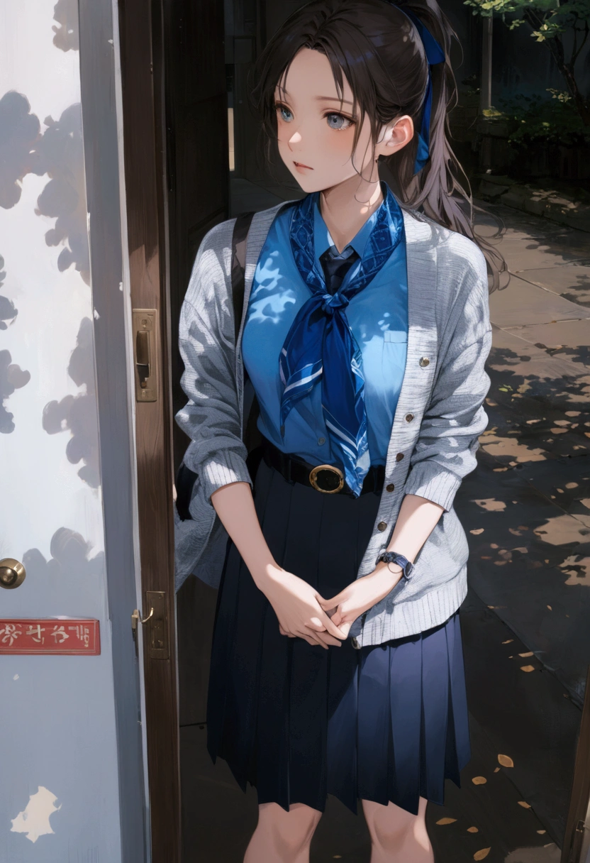 anime illustration of pretty teenage girl, black ponytail girl with blue ribbon, standing in front of mirror door, she wearing gray long sleeves cardigan outer, azure-blue short sleeves collared shirt, navy-blue neckerchief, navy-blue pleated pencil long skirt, black belt with gold circle buckle, and white socks, (1girl, solo,full body), (masterpiece, best quality, japanese anime style), BREAK, (gray long sleeves cardiga, azure-blue short sleeves collared shirt, navy-blue neckerchief, navy-blue pleated pencil long skirt, black belt with gold circle buckle, and white socks)
