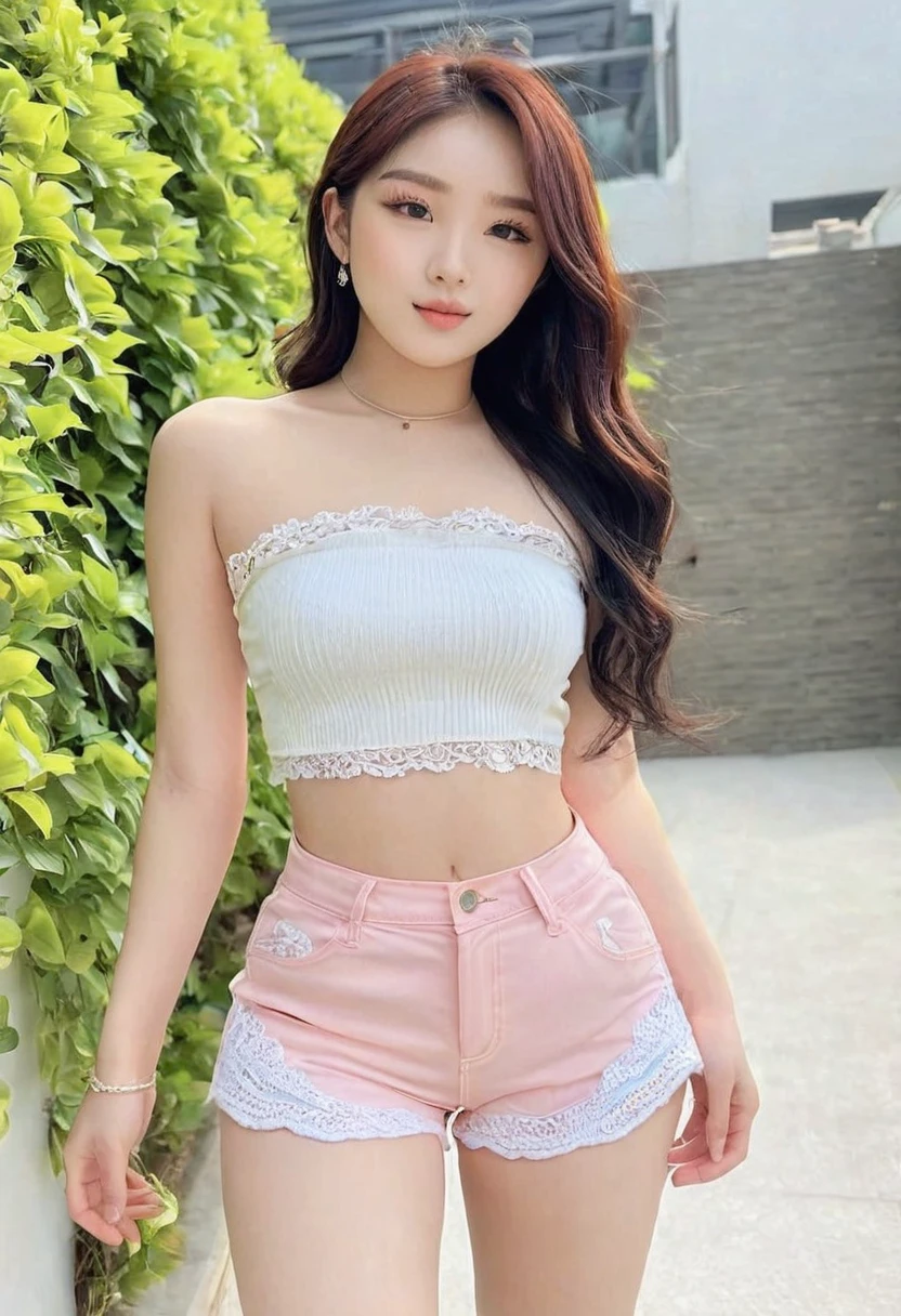 ((Best resolution)), ((high quality:1.2)), Work of art, 8k, extremely detailed, ((High detail:1.2)), (HotLexi), Solo, 24 years old Korean Ulzzang female, (mini-shorts, crop strapless), (perfect pretty face:1.4),