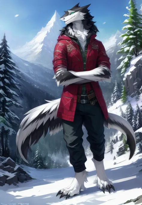 solo, anthro male (sergal:1.1), fluffy, clothed, black:gray:white fur green eyes, full body shot, muscular, snow, mountains, ((m...