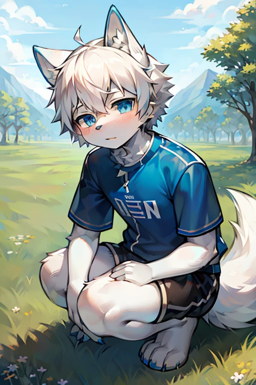 , White and blue fur, Shota, blue eyes, Messy hair, White hair, short hair, masterpiece, Very detailed, Sportswear solo,Squatting,Looking at the camera,On the grass,Wolf's facial features,Blue hair,Wolf paw,Wolf Tail,Happy expression,Blue ears