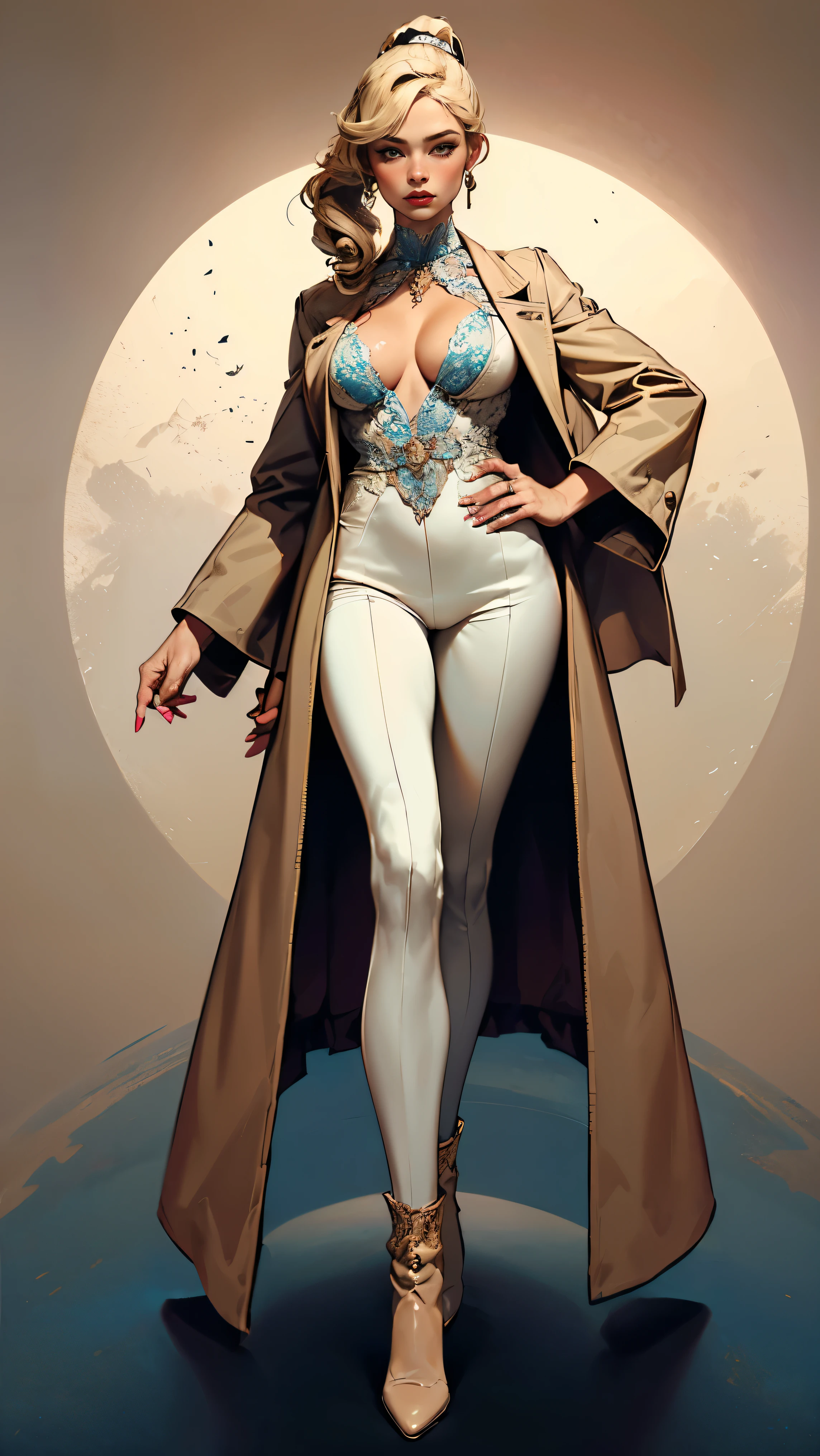 (Best quality, 4K, high resolution, masterpiece:1.2), ultra-detailed, realistic (photo-realistic:1.37), 40 years old, Russian woman, Matriarch of the Russian Mafia Gang, ambitious, elegance, calm, charming, intimidate, (blonde hair, power ponytail hairstyle), perfect lash, perfect makeup, sun-tan skin, expressive blue eyes, wine lips, mature woman charms, seductive allure, perfect hourglass body shape, long toned legs, flat abs, perfectly round E cup breasts, very Tall, slim, with peachy hips, ((Wearing elegance beige Vicuña coat and matching white pants)), ((long lacquer high heel Boots)), Background featuring luxurious penthouse.