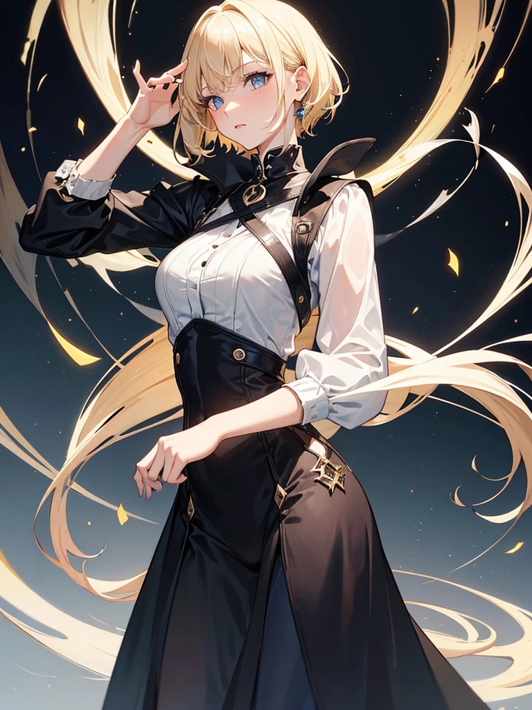 A young woman with short, light blonde hair, wearing a black witch's outfit.