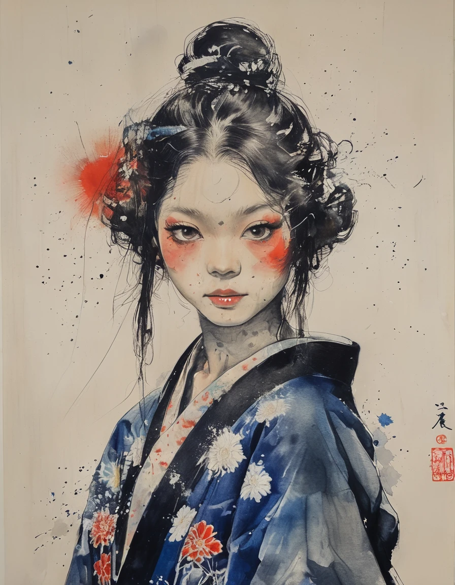 Ink Painting of a Japanese kimono girl