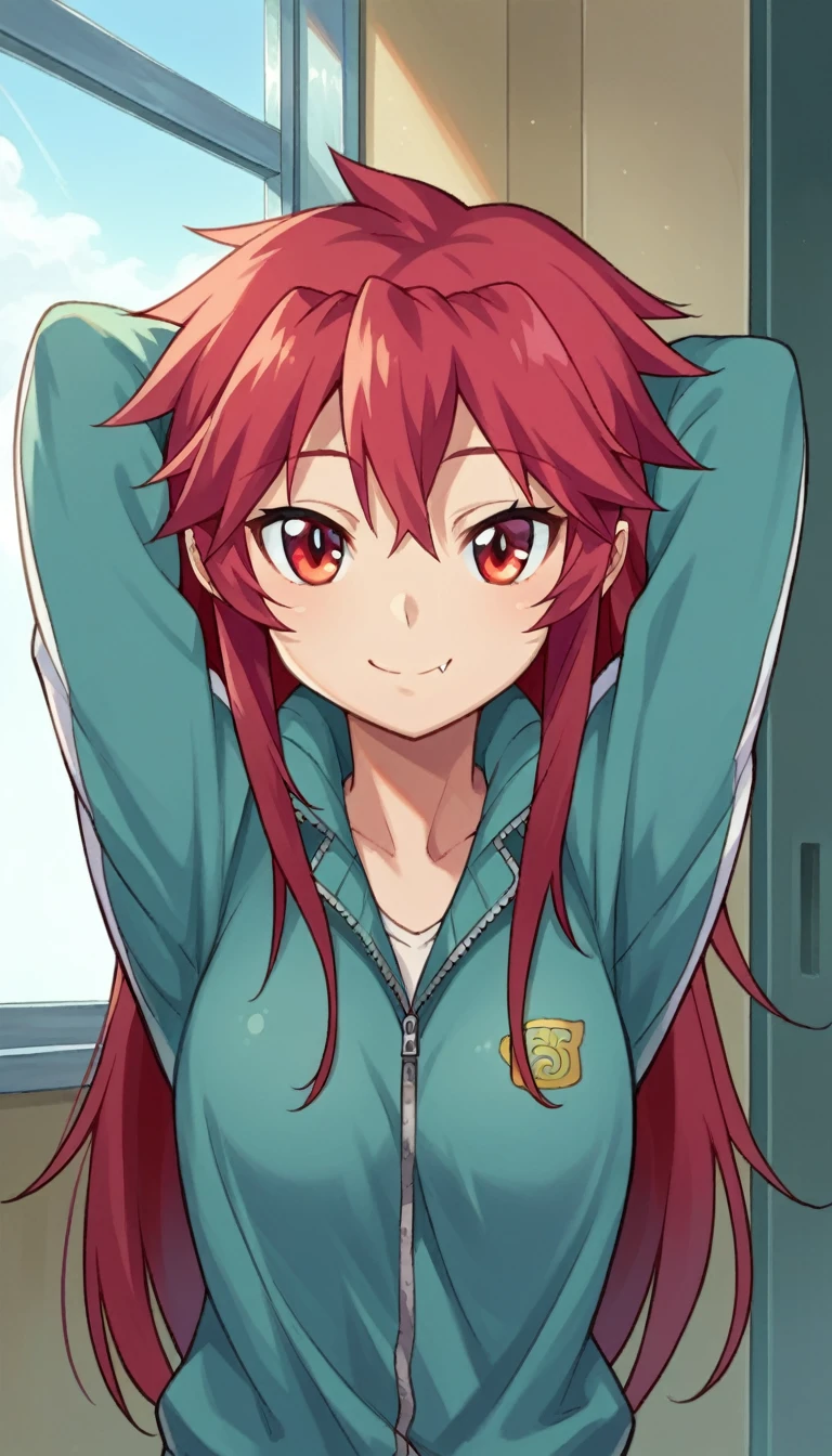 score_9, score_8_up, score_7_up, source_anime, 1girl, solo, 
mari setagaya, human-form, 1girl, solo, long hair, looking at viewer, smile, shirt, red eyes, red hair, fang,
track jacket, indoors, arms behind head,