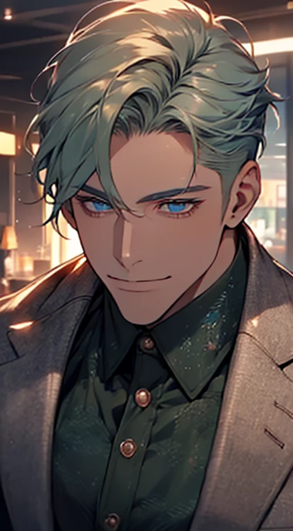 (best quality, masterpiece, 8K, photorealistic, cinematic lighting, 1:4 hdr image, top view, ultra detailed, beautiful image), a mature man, very handsome, short grey green hair, blue eyes, perfect face without errors , ((buttoning his jacket, CEO)), smile in love.