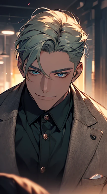 (best quality, masterpiece, 8K, photorealistic, cinematic lighting, 1:4 hdr image, top view, ultra detailed, beautiful image), a mature man, very handsome, short grey green hair, blue eyes, perfect face without errors , ((buttoning his jacket, CEO)), smile in love.