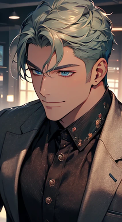 (best quality, masterpiece, 8K, photorealistic, cinematic lighting, 1:4 hdr image, top view, ultra detailed, beautiful image), a mature man, very handsome, short grey green hair, blue eyes, perfect face without errors , ((buttoning his jacket, CEO)), smile in love.