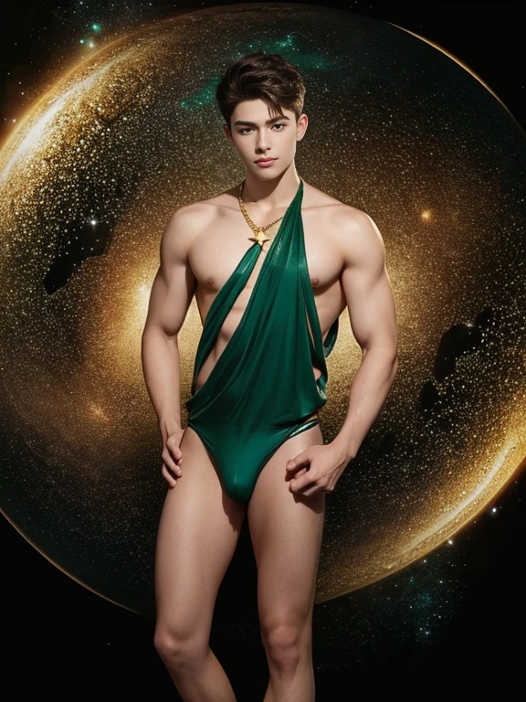 Attractive guy , the boy has very short brown hair, emerald eyes, on a black background - galaxy , stars . The Magic Look ! naked torso, large puffy nipples, gold chain with emerald around the neck. top quality portrait photo , wearing thong, full body