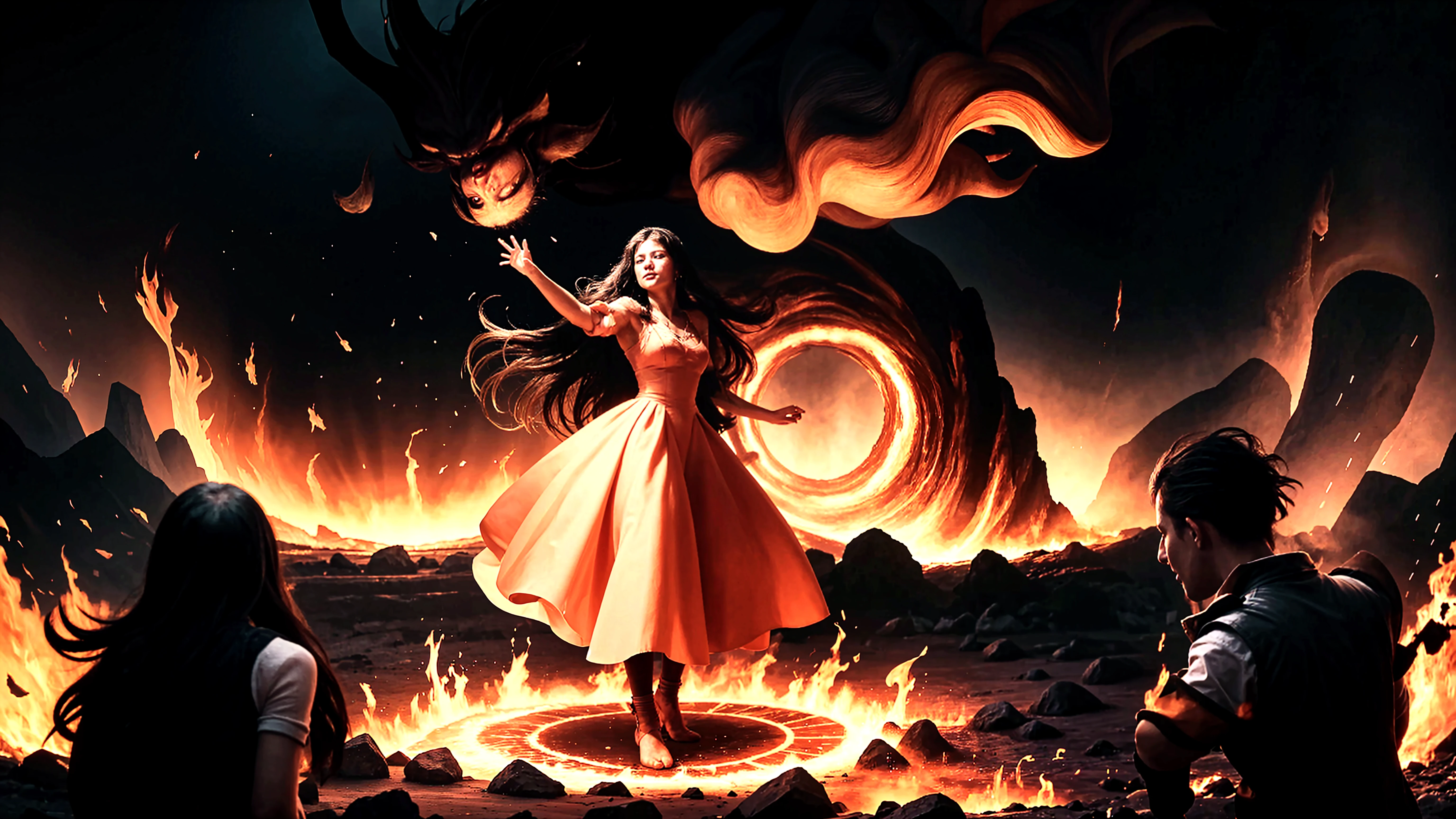 A digital illustration of an injured long black haired woman standing in a circle of fire with a furious smile on her face and a monster getting destroyed in the background. The women is wearing a peach-colored princess dress and the background is fiery lava