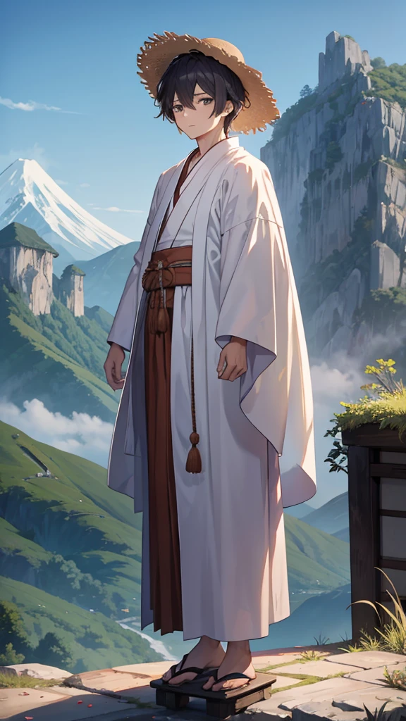 [[[ ultra-detailed, best quality, soft skin, beautiful face, masterpiece, close-up, western medieval setting, anime]]] monk robes, straw hat, 1boy, dirty robes,  Japanese monk, mountain background, standing up 