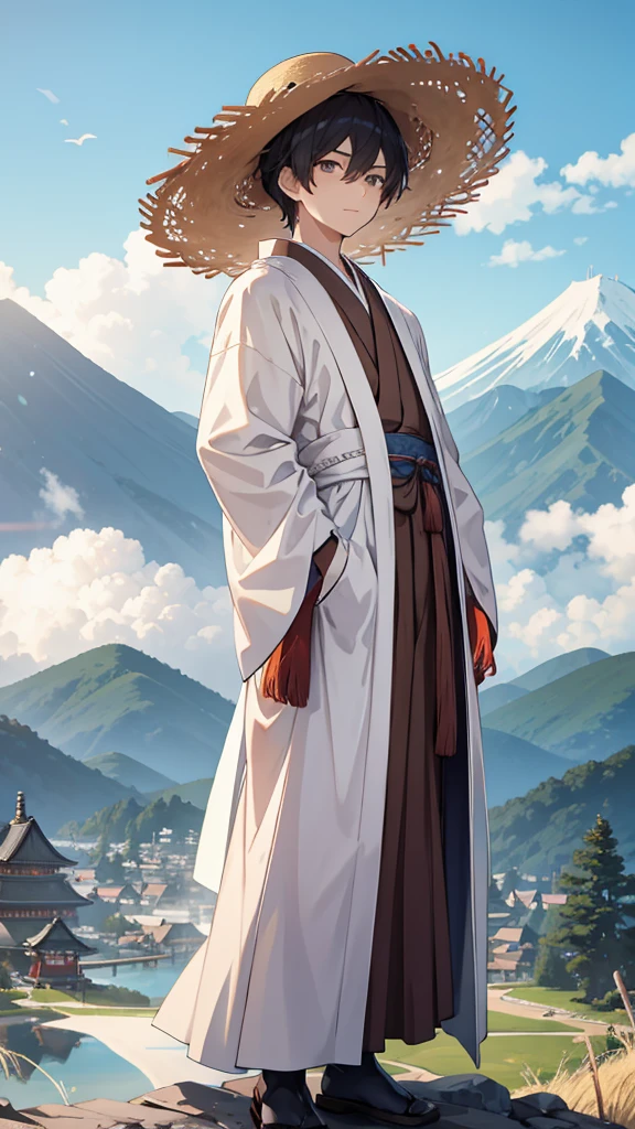[[[ ultra-detailed, best quality, soft skin, beautiful face, masterpiece, close-up, western medieval setting, anime]]] monk robes, straw hat, 1boy, dirty robes,  Japanese monk, mountain background, standing up 