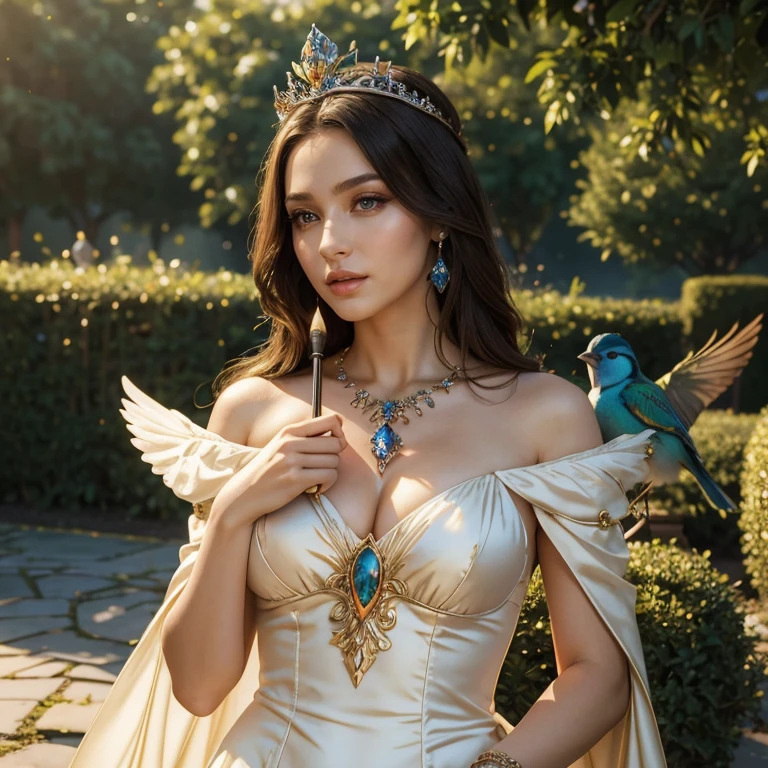 (masterpiece, best quality:1.5), highest quality, High resolution, super detailed, Realists, Upper body photo of a brunette sorceress, detailed and beautiful eyes, beautiful detailed lips, very detailed eyes and face, longeyelashes, shiny satin dress, Holding a magic wand in your hand and performing eine Transformation spell, Magic wands present and shiny, Beautiful and colorful makeup, elegant and noble々The jewelry bag, Gardens as background, soft daylight, bright colors, fine brushstrokes, Portrait style, Silk dress fabric, beautiful color palette, glowing skin, First-class rendering, that captures every detail, enchanting atmosphere, subtle shadows and lights, (perfect anatomy:1.2), (The stunning sorceress transforms birds into a crown (eine Transformation):1.4), (magnificent panorama view:1.2)