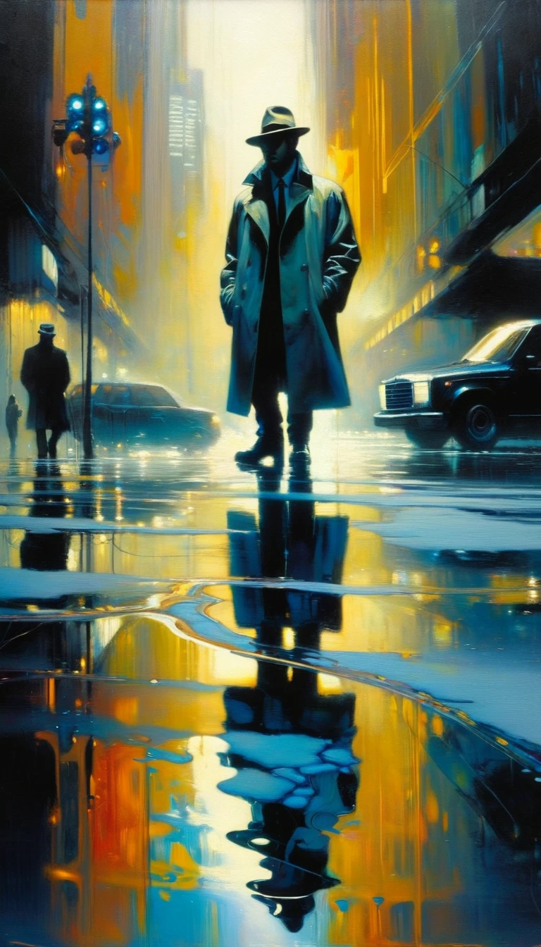 futuristic world: 1.5, surrealism, impressionism, alone, reflections in a puddle of water, oil painting, chiaroscuro, sensual and dramatic lighting, changing atmosphere, art inspired by Bill Sienkiewicz