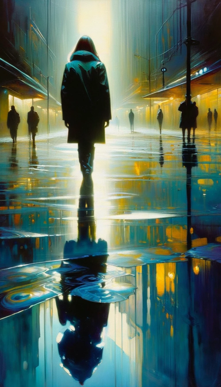 futuristic world: 1.5, surrealism, impressionism, alone, reflections in a puddle of water, oil painting, chiaroscuro, sensual and dramatic lighting, changing atmosphere, art inspired by Bill Sienkiewicz
