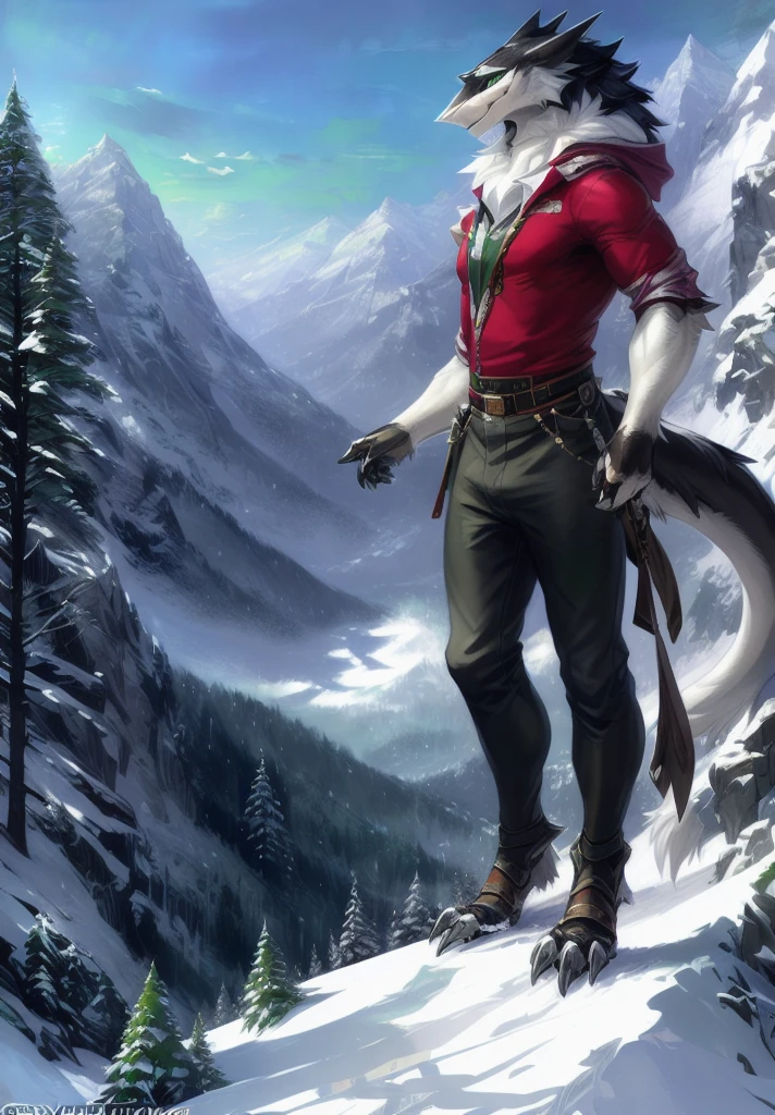 solo, anthro male (sergal:1.1), fluffy, clothed, black:gray:white fur green eyes, full body shot, muscular, ((buff anthro), snow, mountains, ((masterpiece, best quality):1.0), digital sketch, vibrant, dynamic light, ((by pino daeni, greg rutkowski, thomas kinkade):1.0), 