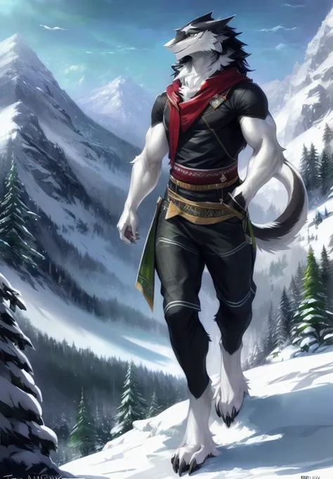 solo, anthro male (sergal:1.1), fluffy, clothed, black:gray:white fur green eyes, full body shot, muscular, ((buff anthro), snow...