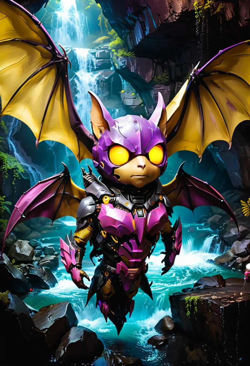 a portrait of a flying ((mechanical bat: 1.2)) in a dark cave, an epic mechanical bat ((full body: 1.5)), ((anatomically correct: 1.5)), (ultra detailed face: 1.2), yellow eyes, mechanical eyes, glowing eye, blacj and purple wings, mechanical wings, in the dark rock cave, there is a stream of water, dark cave background, vibrant, Ultra-high resolution, High Contrast, (masterpiece:1.5), highest quality, Best aesthetics), best details, best quality, highres, 16k, (ultra detailed: 1.5), masterpiece, best quality, (extremely detailed) RAW, (ultra details, Masterpiece, best quality), MechanicusStyleAI