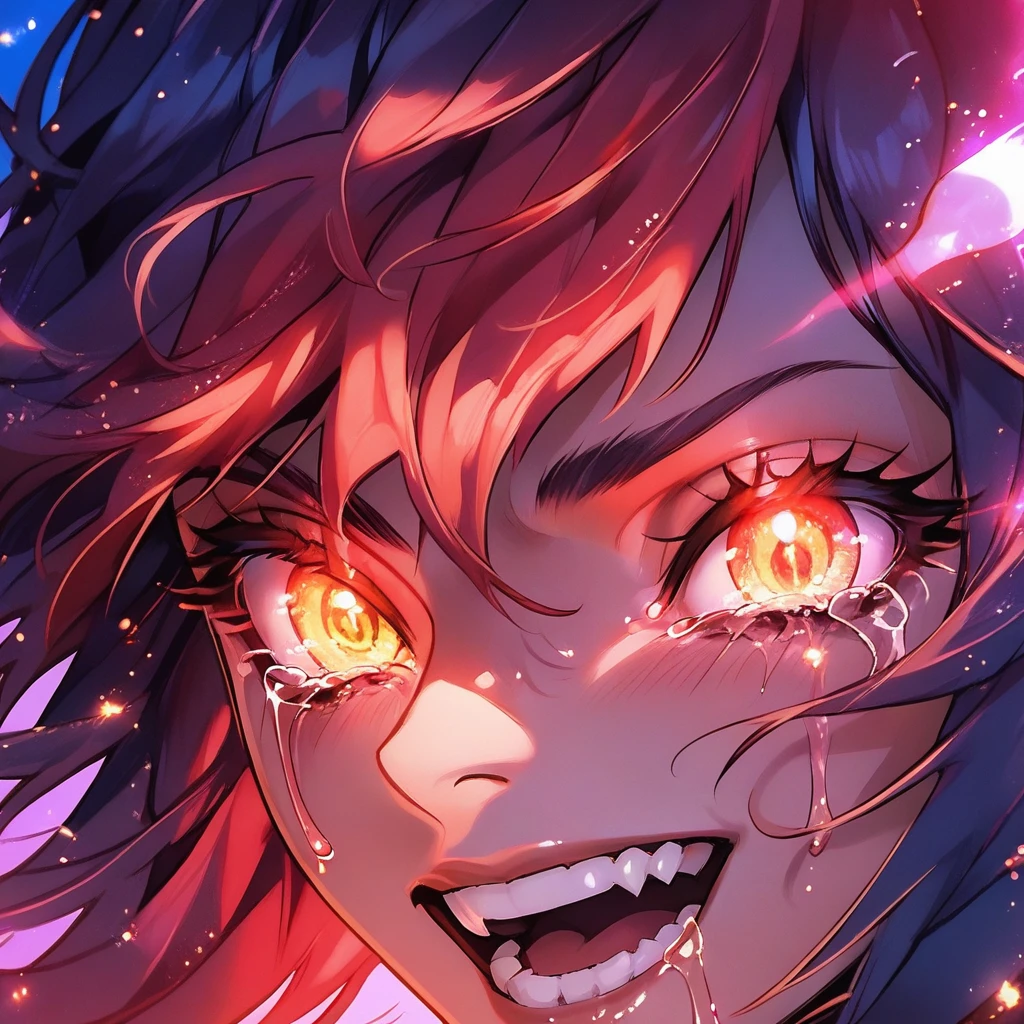 score_9, score_8_up, score_7_up, score_6_up,Madness,1girl,solo,looking at viewer,open mouth,bangs,yellow eyes,teeth,tears,eyelashes,glowing,heterochromia,portrait,light particles,close-up,eye focus
