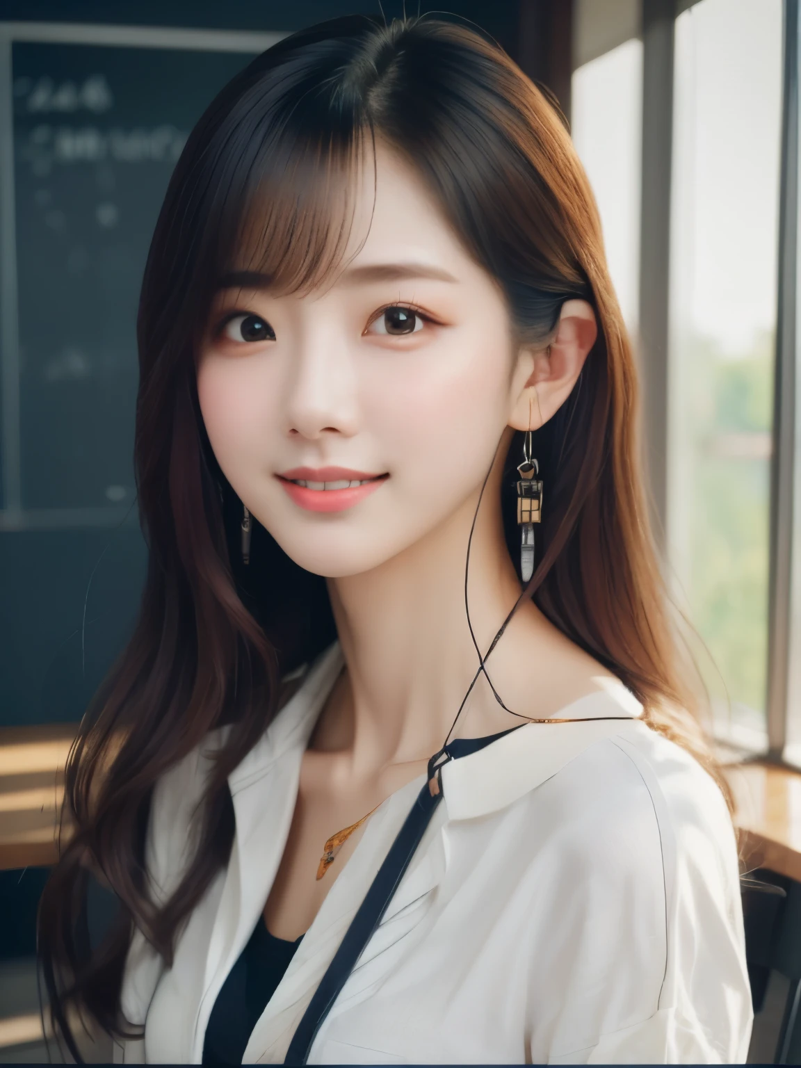 (UHD, masterpiece, anatomically correct, textured skin, super detail, best quality, highres, 8k, bloom, Front Light:1.2, Perfect dynamic composition), (24-years-old, 1 person, Cute and y high school teacher), (Sexace, Long face, Distant eyes, Gentle eyelids, Thin eyebrows, Gentle corners of the eyes, Hawk-like nose), (Gal Makeup), (eyeliner), (completely charm you), (Eyes that feel erotictaste of beautiful eroticism), te beauty), ((White collared shirt)), ((My shirt is about to tear at my chest.:1.6)), (Captivating smile:1.2), (beige hair:1.4), (Long Hair, Inward curled hair, bangs, Smooth Hair), ((Enormous Breasts:1.3)), ((Bo:1.3)), ((looking at viewer)), Kitagawa Keiko, ((Close-up)), (School classroom, window, blackboard, Rows of desks, Chair, Fluorescent lamp, ceiling, sunlight)