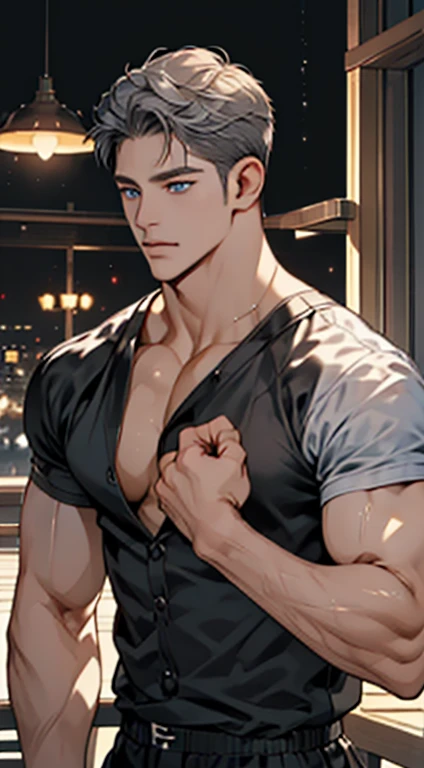 (best quality, masterpiece, 8K, photorealistic, cinematic lighting, hdr image, ultra detailed, beautiful image), 1 man, 31 years old, mature man, very handsome, (without expression, serious), short white hair, blue grey eyes ( penetrating gaze), perfect face without errors, imposing posture, without errors, businessman, office background