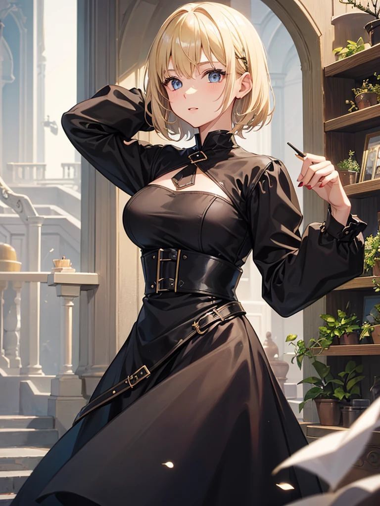 A young woman with short hair, her hair is light blonde, wearing a black witch's outfit.