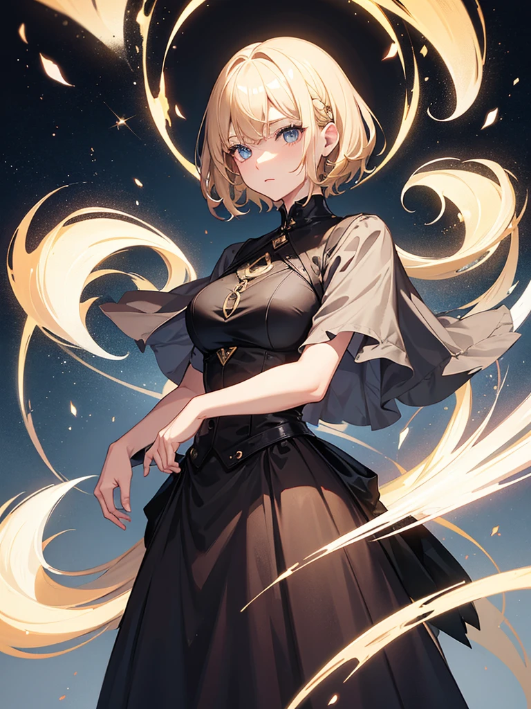 A young woman with short hair, her hair is light blonde, wearing a black witch's outfit.