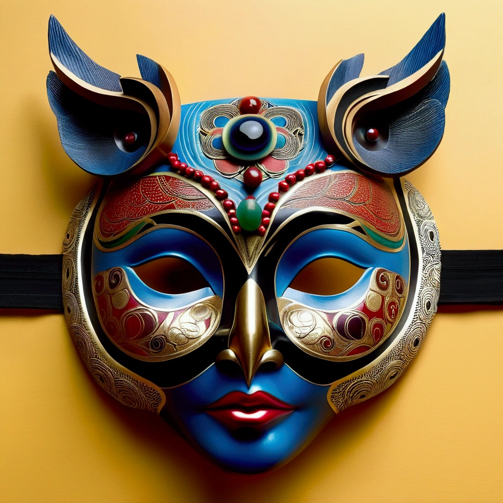 Have a book，上面有一张书签和一副Ojo mask, with gorgeous detailed Ojo, complex mask, ornate mask and fabrics, detailed mask, intricate Ojo, Complex art. neon Ojo, Ojo mask, fantastic detailed Ojo, Masks masks, Beautifully detailed Orisha, author：Lena Alexander, author：Anna Haifisch, Ojo mask, Owl mask, Ojo!