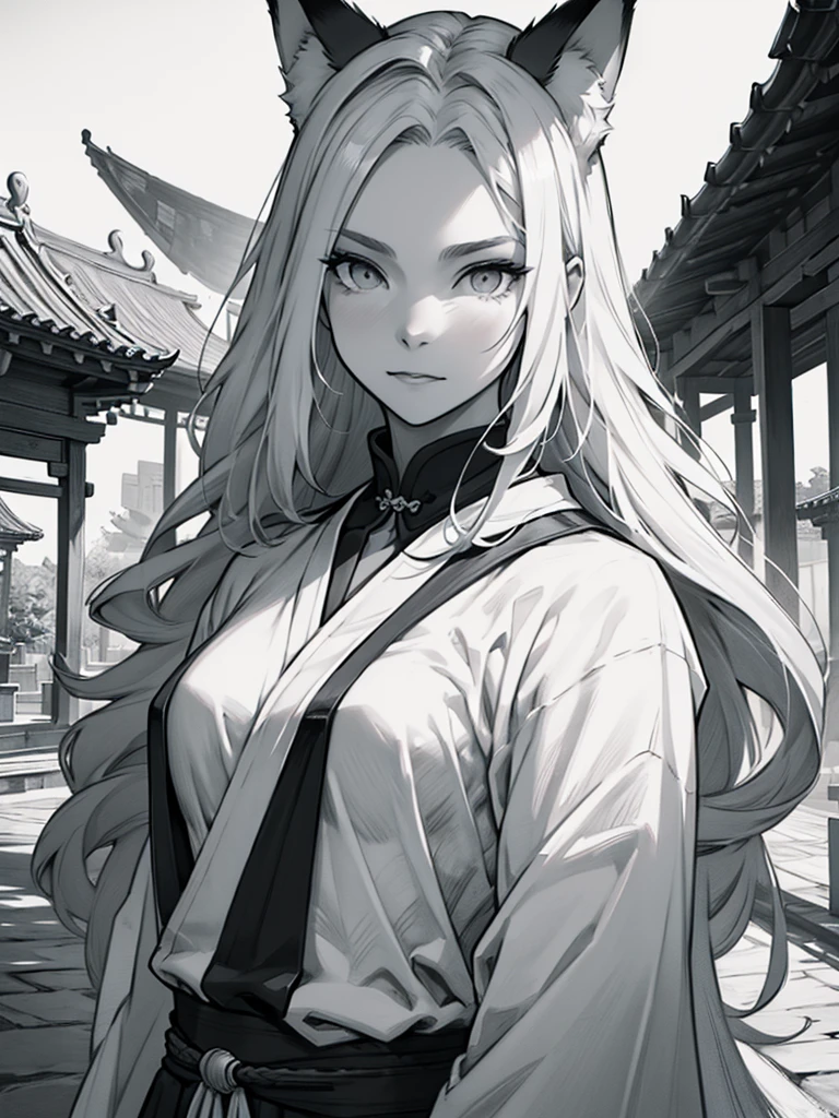 Sketch Reinforcement，Drawing pencil，Intensify the pencil strokes，Fox-eared maiden，pavilions，Ar de fada vibrando，Chinese ancient style，Long robe，black and white image，black and white art，black and white illustration，superfino，The hair is carefully described，The eyes are carefully portrayed, best quality，8K resolution