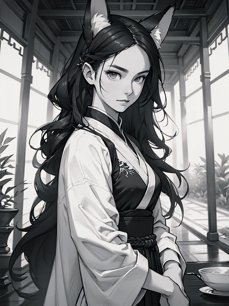Sketch Reinforcement，Drawing pencil，Intensify the pencil strokes，Fox-eared maiden，pavilions，Ar de fada vibrando，Chinese ancient style，Long robe，black and white image，black and white art，black and white illustration，superfino，The hair is carefully described，The eyes are carefully portrayed, best quality，8K resolution