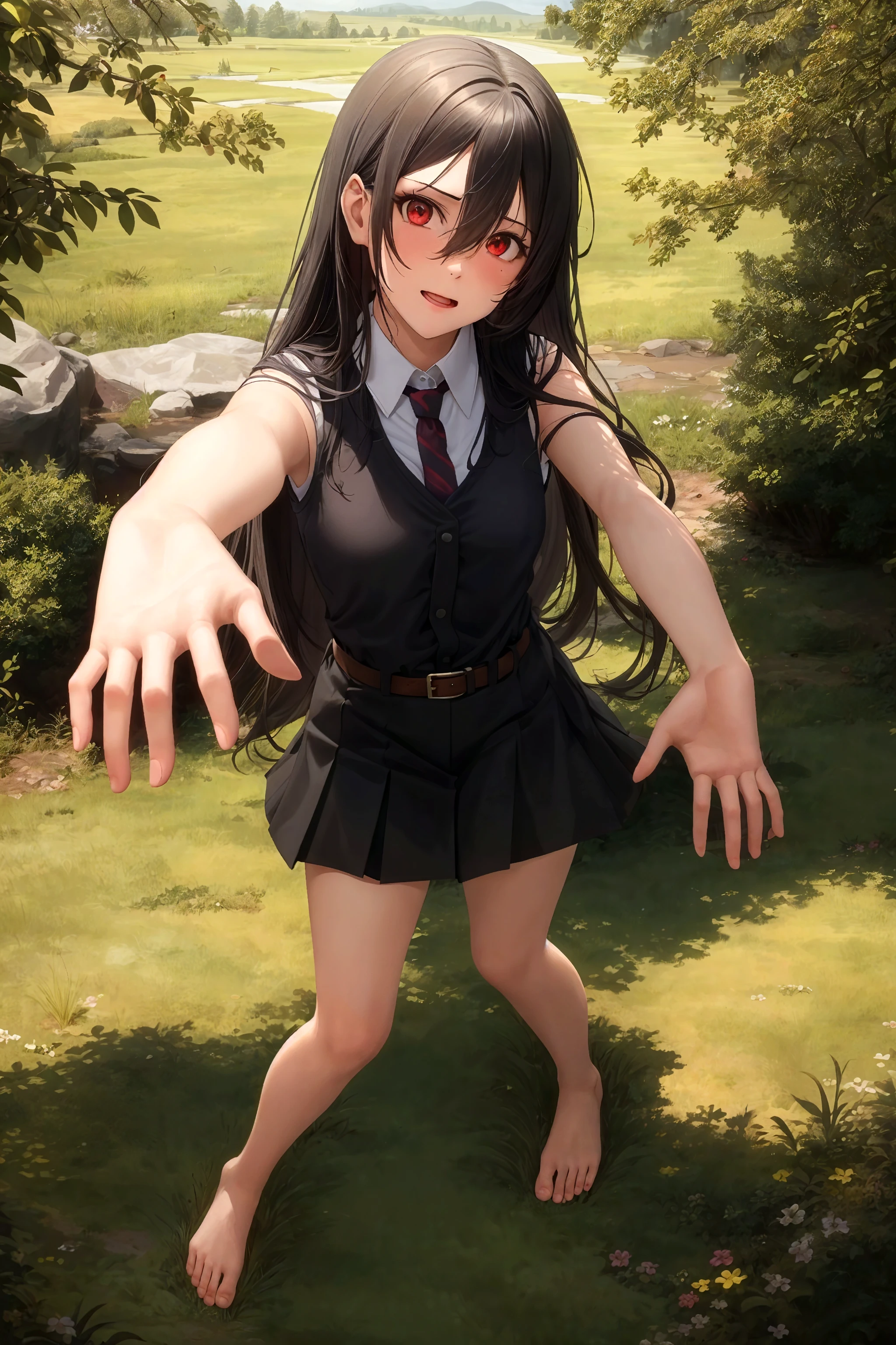 masterpiece, best quality, 1girl, long hair, black hair, red eyes, hair between eyes, skirt, dress, necktie, sleeveless, belt, shirt, black shirt, collared shirt, red necktie, black skirt, bare feet, standing up, from above, perspective, grass, [forest | lake], day, sun, sunlight