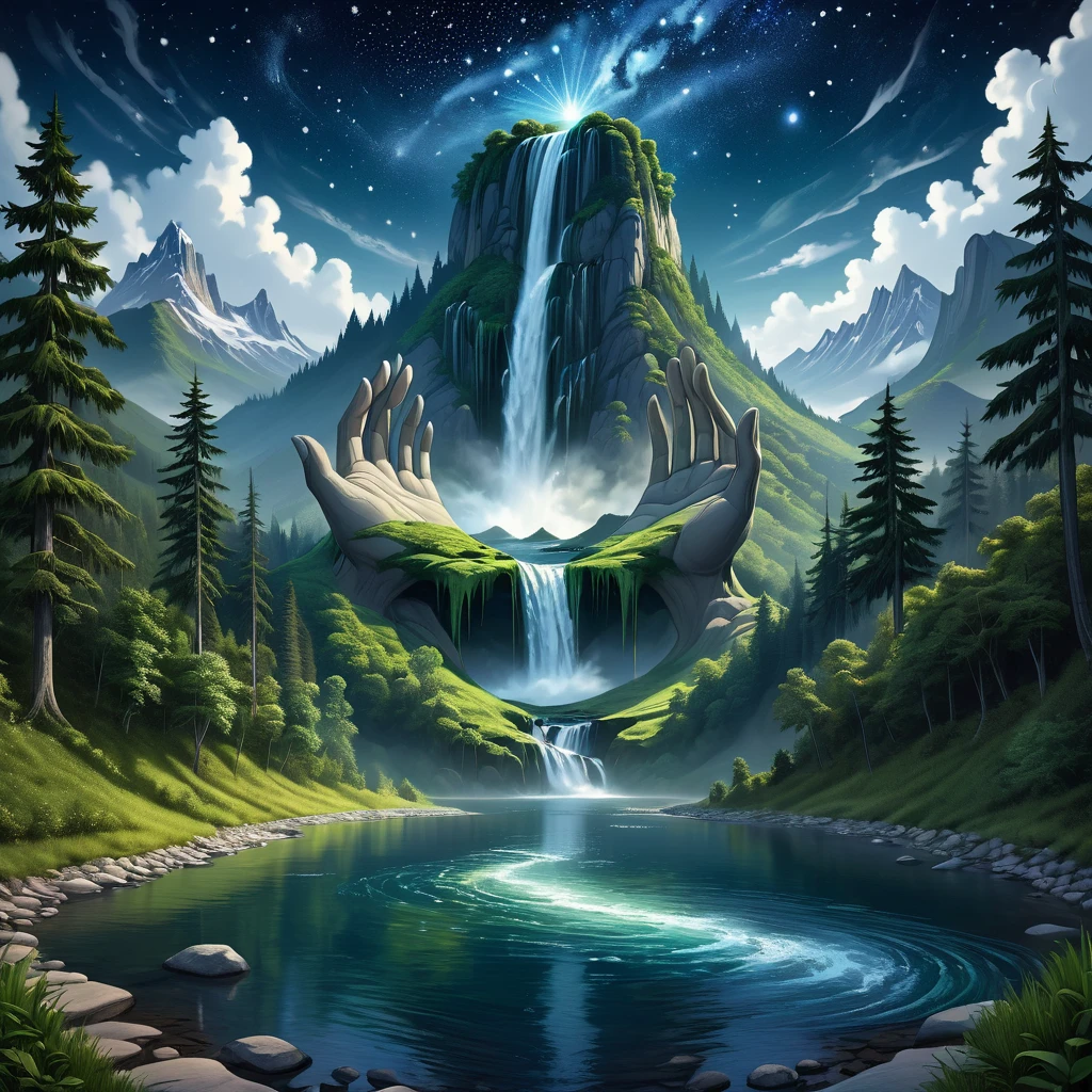 3D painting of a large pale rocky mountain in the shape of an open hand standing out of a lush forest with a river in the middle forming a waterfall that escapes from the hand in the middle and flows into a lake far below, starry night in the background, snowy peaks in the shape of the 5 fingers, ((perfect anatomy)), beautiful and surrealistic design, fantasy art, supernatural visuals, mind-blowing art,surreal therapy,mind-blowing digital art,unreal engine,hdr,8k,final render