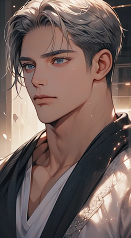 (best quality, masterpiece, 8K, photorealistic, cinematic lighting, hdr image, ultra detailed, beautiful image), 1 man, 31 years old, mature man, very handsome, (without expression, serious), short white hair, blue grey eyes ( penetrating gaze), perfect face without errors, imposing posture, without errors, businessman, office background