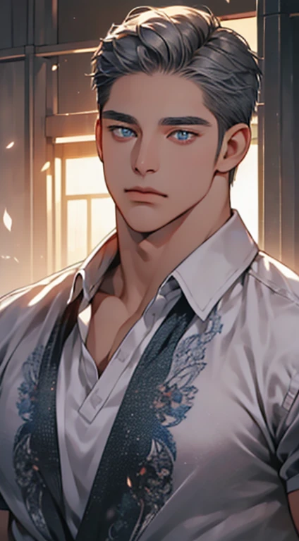 (best quality, masterpiece, 8K, photorealistic, cinematic lighting, hdr image, ultra detailed, beautiful image), 1 man, 31 years old, mature man, very handsome, (without expression, serious), short white hair, blue grey eyes ( penetrating gaze), perfect face without errors, imposing posture, without errors, businessman, office background